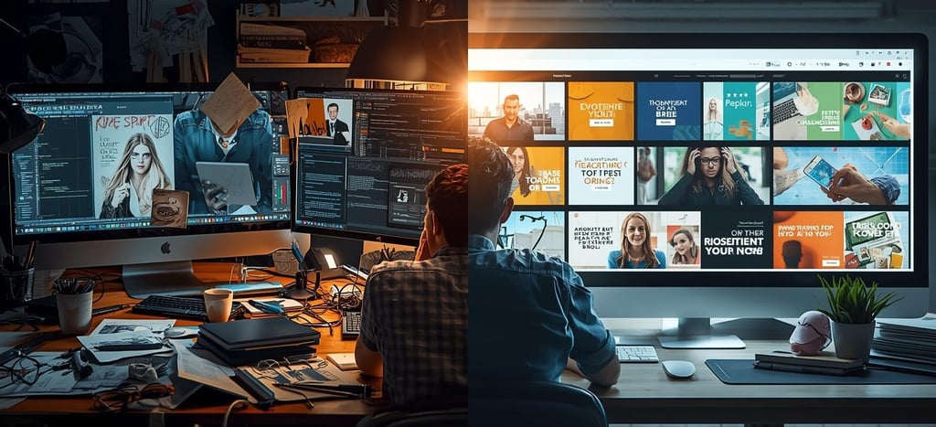 Traditional ad design chaos versus streamlined AI-powered ad creation process