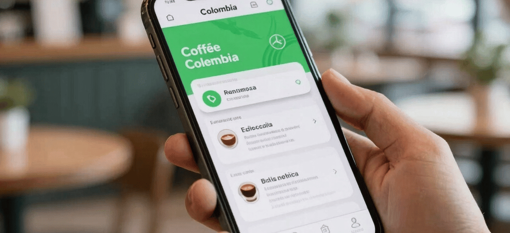 A high-quality close-up photograph of a person's hands holding a modern smartphone in a bright local Colombian coffee shop. The screen displays a clear mobile app layout with green accents, in a bright, clean, editorial style.