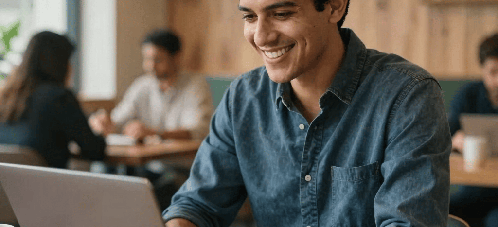 A realistic photo of a professional South American freelancer smiling while working on a silver laptop in a vibrant, modern shared workspace in Medellin. Soft warm lighting, wooden textures, and a comfortable setup. Natural and professional style.