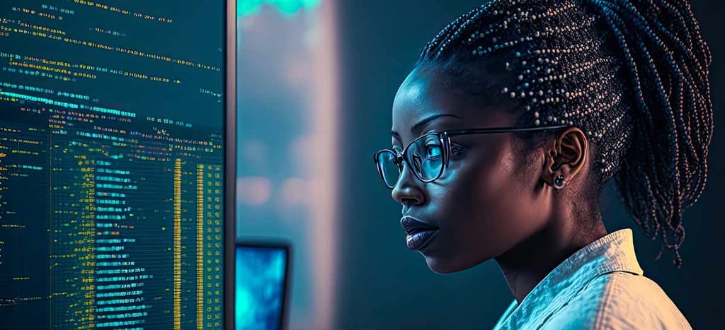 a Data Engineer black woman in glasses and a white shirt is looking at a computer screen