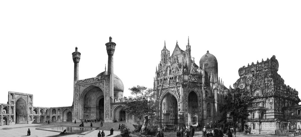 Multiple religious architectures, gothic church, mosque, and temple in art in religion: architecture