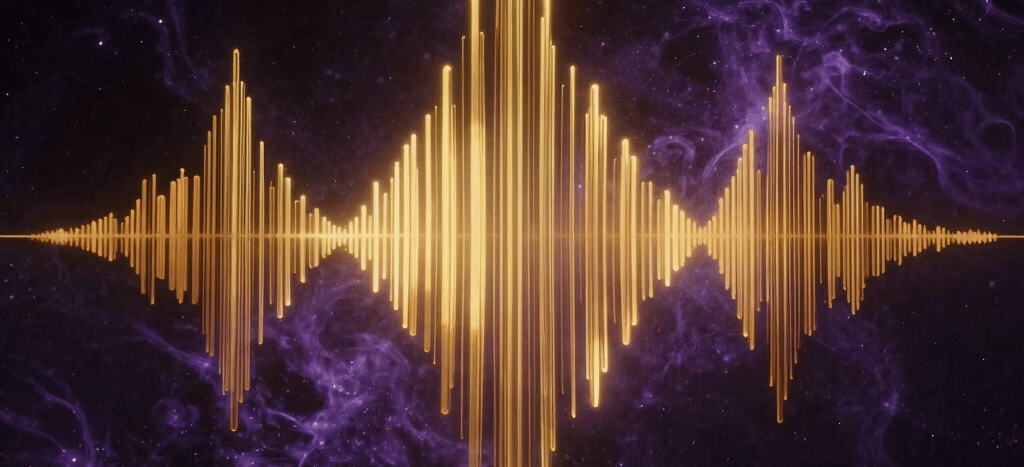 A sophisticated fine-art photograph depicting glowing gold soundwave lines vibrating in a dark space filled with deep violet cosmic dust, conveying the sacred sonic energy of kirtan, curated for a Global South Asian / Indian Spiritual Audience.