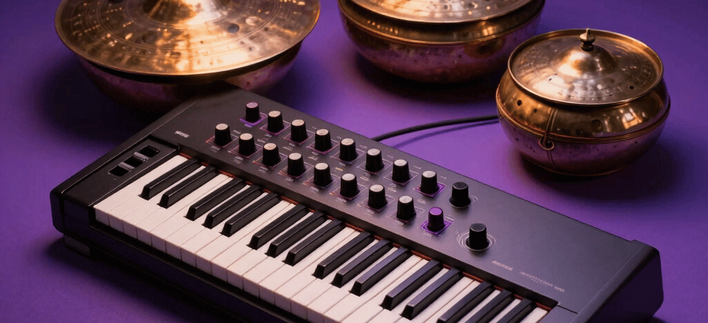 A striking modern still life showcasing a polished electronic synthesizer module resting next to timeless traditional Indian brass manjira cymbals, bathed in warm amber and moody deep purple spotlights, tailored for a Global South Asian / Indian Spiritual Audience.