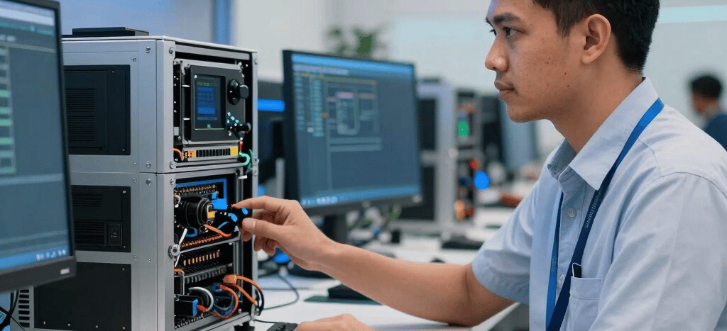 A Southeast Asian / Indonesian male tech researcher interacting with advanced computing hardware in a modern innovation center in Jakarta, sleek white workspace with vibrant blue lighting accents, professional editorial photography.
