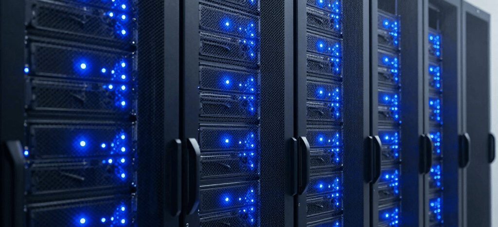 A state-of-the-art server infrastructure facility in Indonesia with glowing vibrant blue status LED lights and dark obsidian server racks, clean futuristic tech architecture, Southeast Asian / Indonesian facility, professional editorial photography.