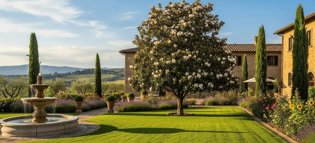 Jardín típico de la Toscana, Boj cipreses y no puede faltar el rey Magnolia grandiflora
