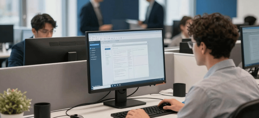 Professional photography capturing a busy corporate office in the United Kingdom, with dynamic motion blur showing productive activity. In sharp focus is a modern desk featuring a computer monitor displaying work tools, surrounded by clean off-white and deep navy blue interiors. Natural light streams from large windows, conveying efficiency, innovation, and corporate trust.