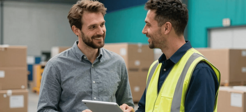 A professional photography scene set in the United Kingdom, showing a modern logistics distribution center. In the foreground, a friendly logistics supervisor in high-visibility safety wear holding a tablet chats warmly with a professional commercial worker in business casual attire. Bright, natural warehouse lighting, modern clean environment with deep navy blue and teal accents.