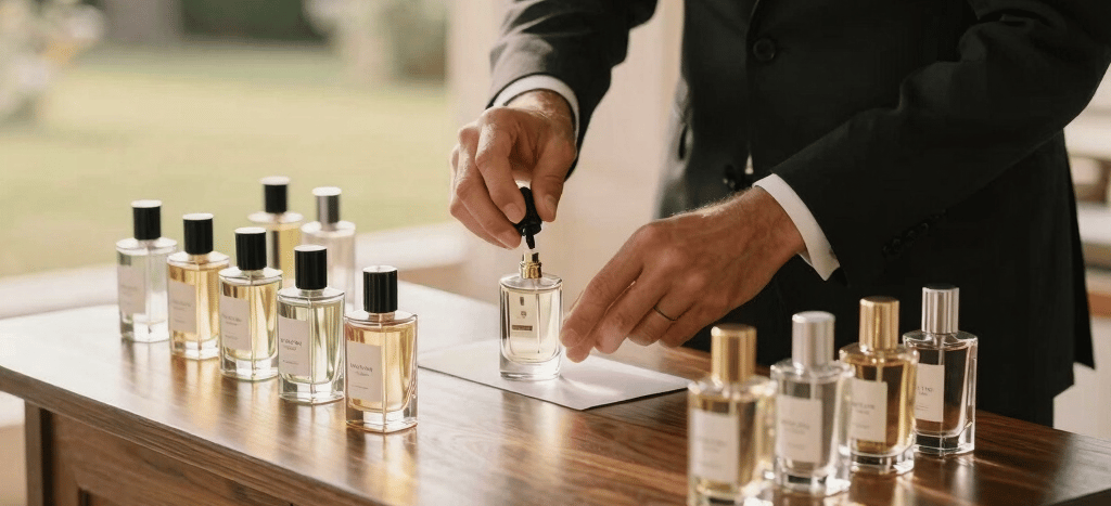 A mobile perfume bar at an upscale wedding in France. A beautiful dark wooden table with polished glass flacons, customized sample vials, a professional sommelier gently spraying a scent onto a test strip. Soft natural golden hour lighting, clean minimalist composition.