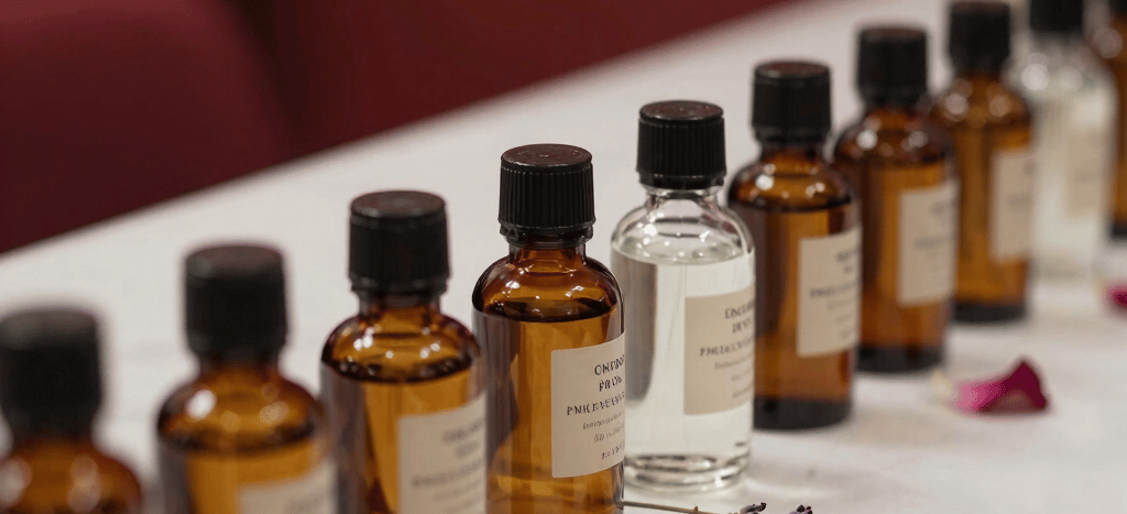 An intimate fragrance blending workshop in France. Row of beautiful amber and clear glass apothecary bottles on a white marble counter, delicate lavender and rose petals nearby. Luxurious editorial style, deep red accents, shallow depth of field.