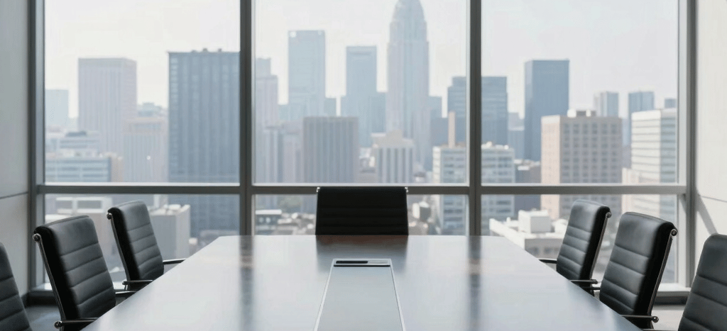 A sleek, minimalist executive boardroom in North American / Global with floor-to-ceiling windows showing a hazy city skyline. A polished conference table reflects soft indigo and light slate colors. The environment is highly professional, clean, and airy, filled with bright natural daylight.