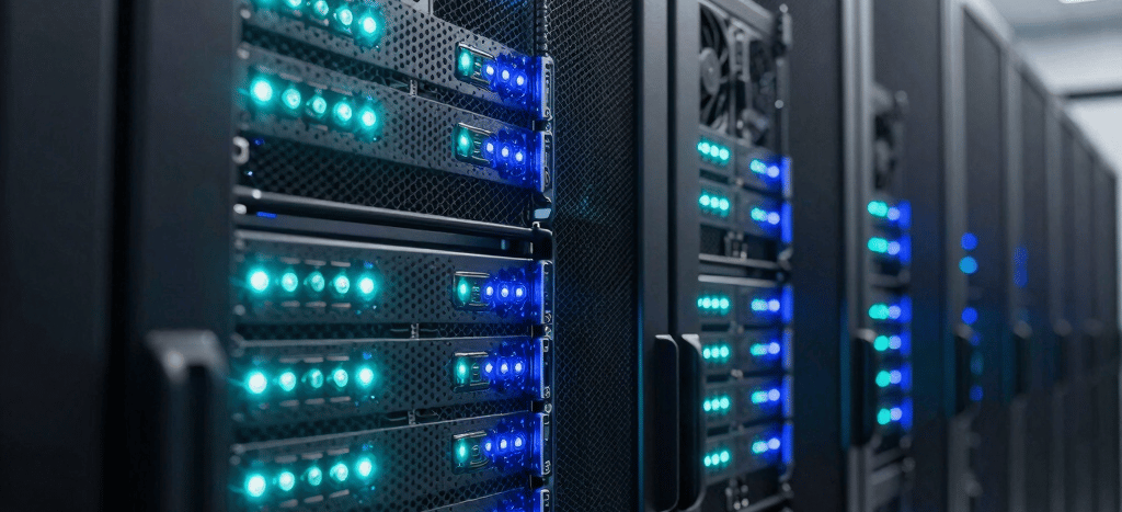A close-up shot of server racks with glowing cyan and deep indigo LED indicator lights in a high-tech North American / Global data center. The perspective is dynamic, looking down a neat, dark aisle with soft lens flare and sophisticated cooling fans visible in the background.