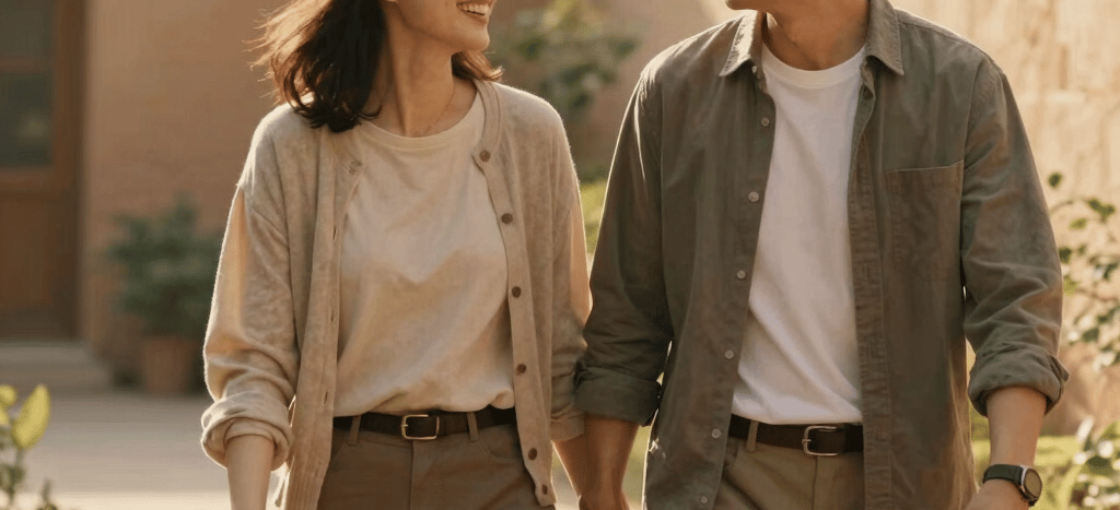 A sun-lit photograph capturing a candid moment of an East Asian / Chinese couple walking in a light-filled garden, holding hands and smiling warmly at each other. The golden hour lighting casts a soft, warm glow. The background has warm earthy tones, with soft sand paths and terracotta brick walls, looking natural, cozy, and filled with love.