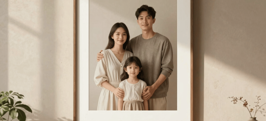 A beautiful real-world photograph of a modern, minimal East Asian / Chinese living room. On a textured soft sand plaster wall, a beautifully framed physical mock-up of an NFT artwork displaying a warm, minimalist family portrait is hanging. Sun-drenched shadows from nearby plants play across the wall, creating a serene, peaceful, and warm atmosphere.