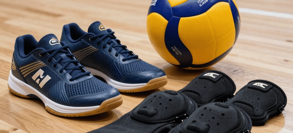 A high-quality action photo showing high-end volleyball equipment including pro court shoes, an official international match ball, and knee pads laid out on a polished wooden court floor. Modern daylight, clean presentation with subtle gold and dark navy highlights, South American / Brazilian indoor stadium environment.