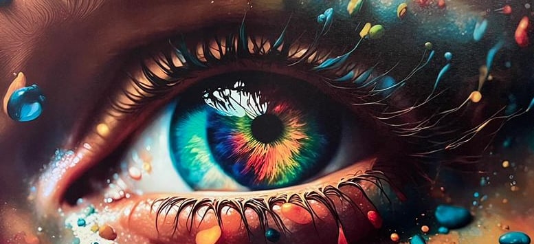 Color splash eye mural printed directly on wall, showcasing high-resolution wall art