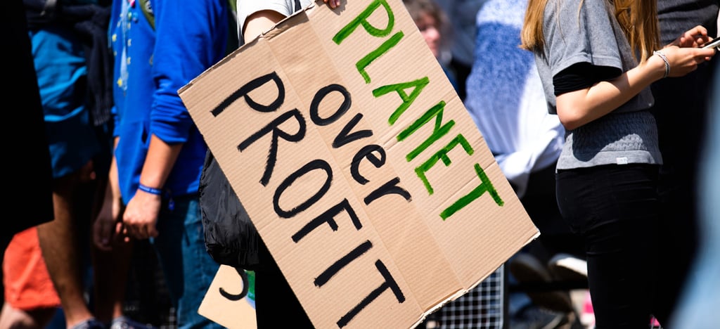 Crowd at climate change rally with focus on sign 'PLANET OVER PROFIT', highlighting green initiative