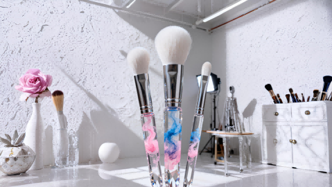 Three makeup brushes with watercolor smoke handles, set in an artist's studio.