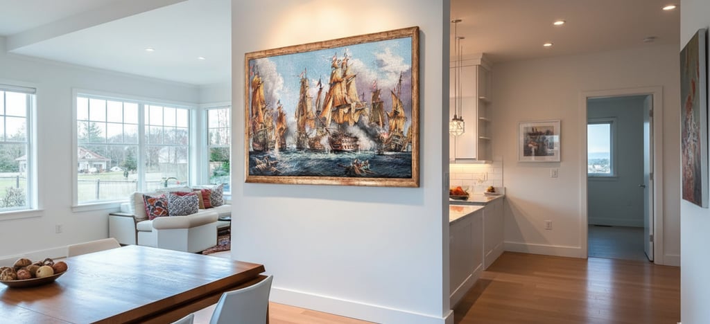 Elegant living room wall decor featuring handcrafted wall art in a modern, elegant setting.