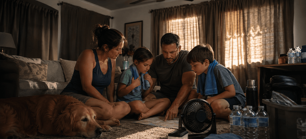 A family of four and their dog look at a map during a power outage with emergency supplies and a fan.