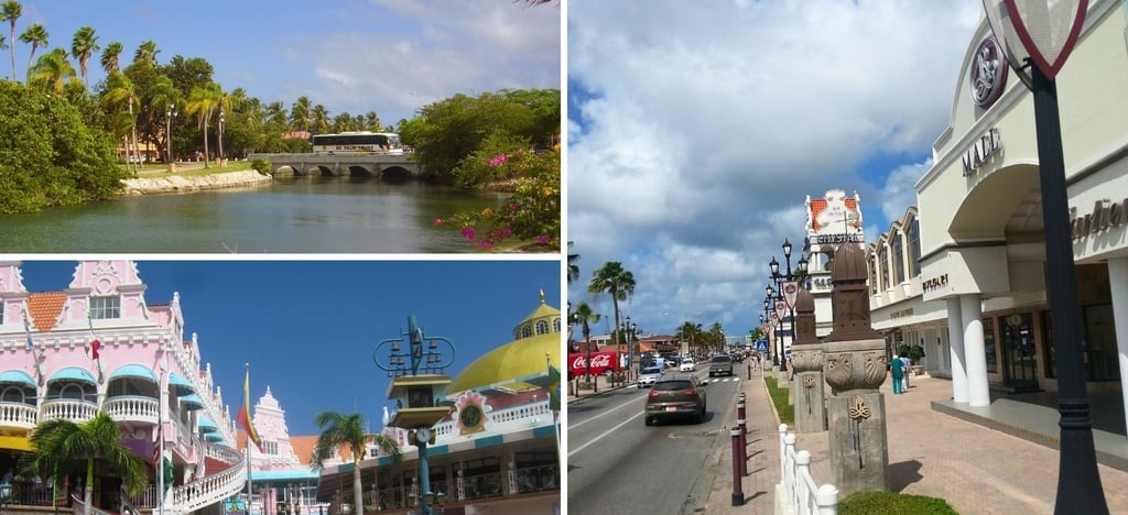 Vista do centro de Oranjestad, Aruba, com suas coloridas fachadas típicas, comércio local.