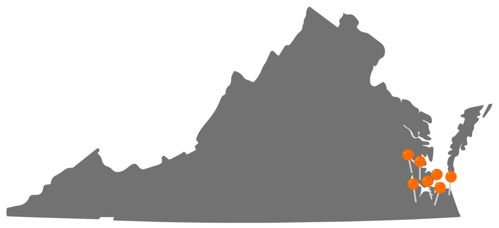 map of virginia with pins in hampton roads