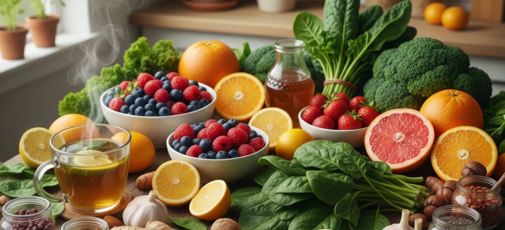 mesa com diversos alimentos saudaveis para o sistema imunologico