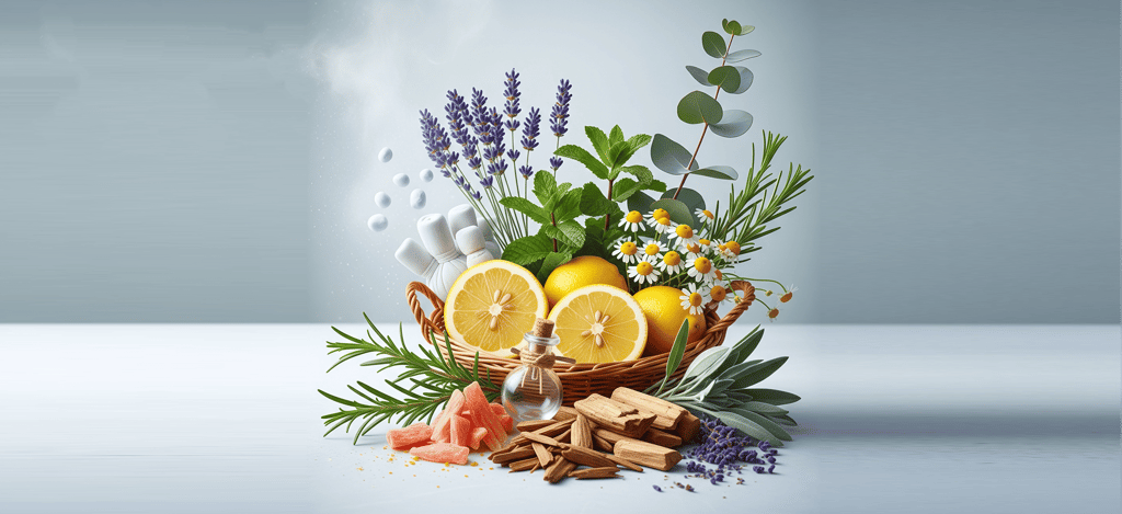 Basket of Essential Oils including lemons, camphor, eucalyptus, rosemary, cedarwoord, lavender