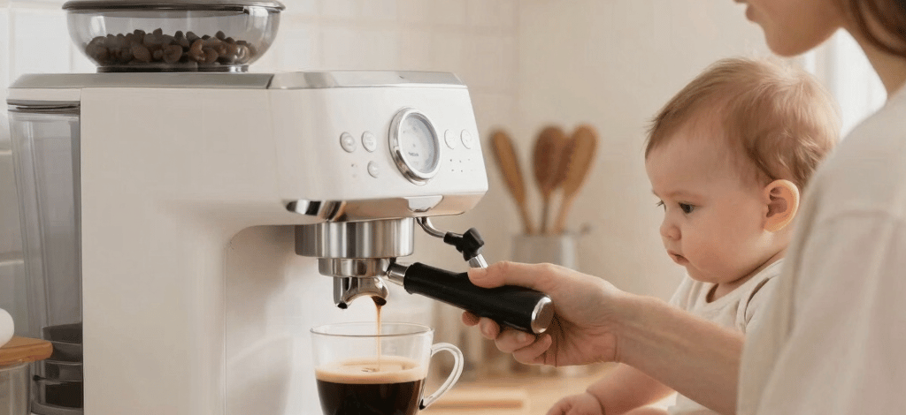 Espresso machine on a cafe counter with syrups