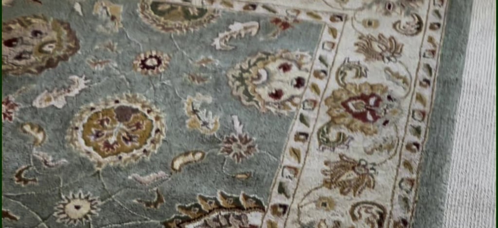 A vintage floral patterned area rug in sage green and cream being cleaned by a professional vacuum.