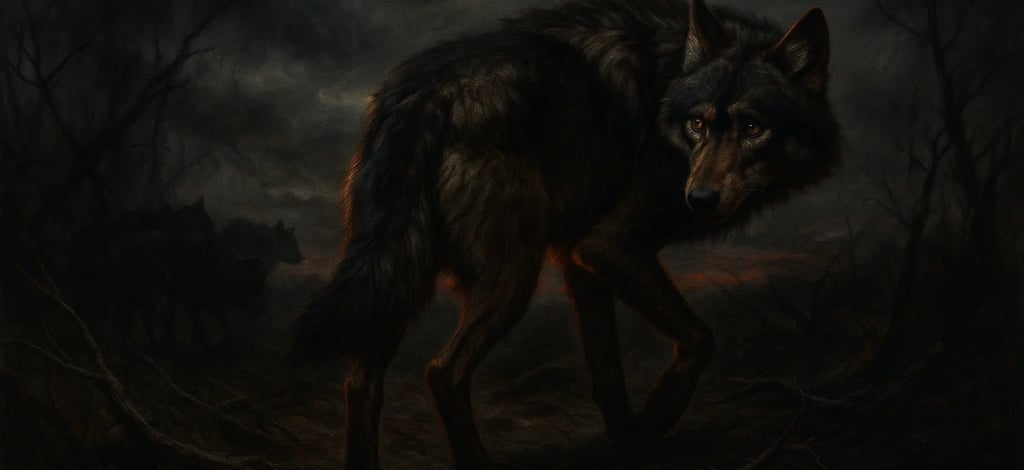 Lone wolf walking away from pack in stormy, desolate landscape, showing internal conflict and guilt, photorealistic with dark