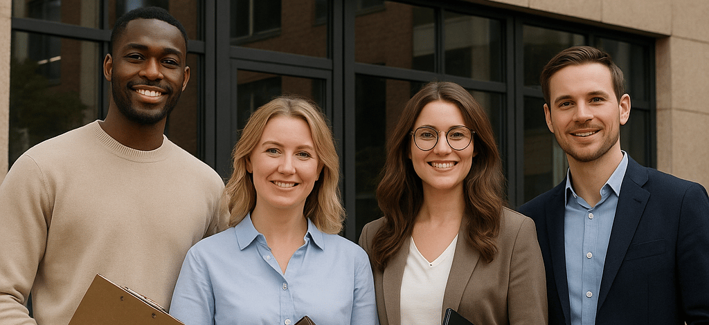 HR-team voor kantoorgebouw met tekst “AI IN HR-PROCESSEN” erboven