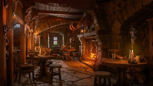 a rustic pub with a fireplace 