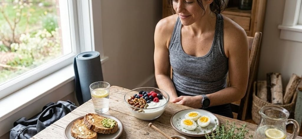 High-protein breakfast featuring Greek yogurt, eggs, berries, whole-grain toast, and mixed nuts.