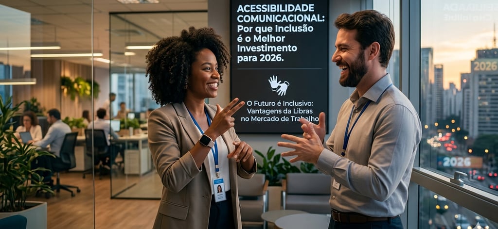 um homem e uma mulher no alto de um prédio dentro de uma sala conversando em libras