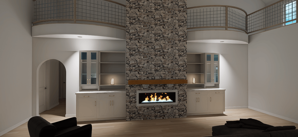 custom farmhouse living room open vaulted ceilings fireplace