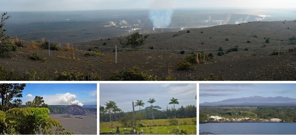 Paisagem do Parque Nacional dos Vulcões em Hilo, mostrando áreas vulcânicas e trilhas