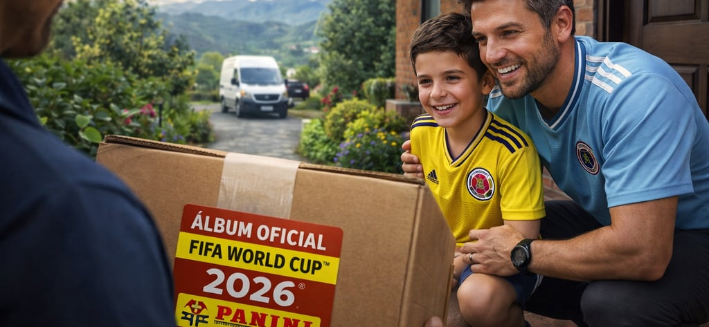 A happy father and son receiving a delivery of the Panini FIFA World Cup 2026 official album box.