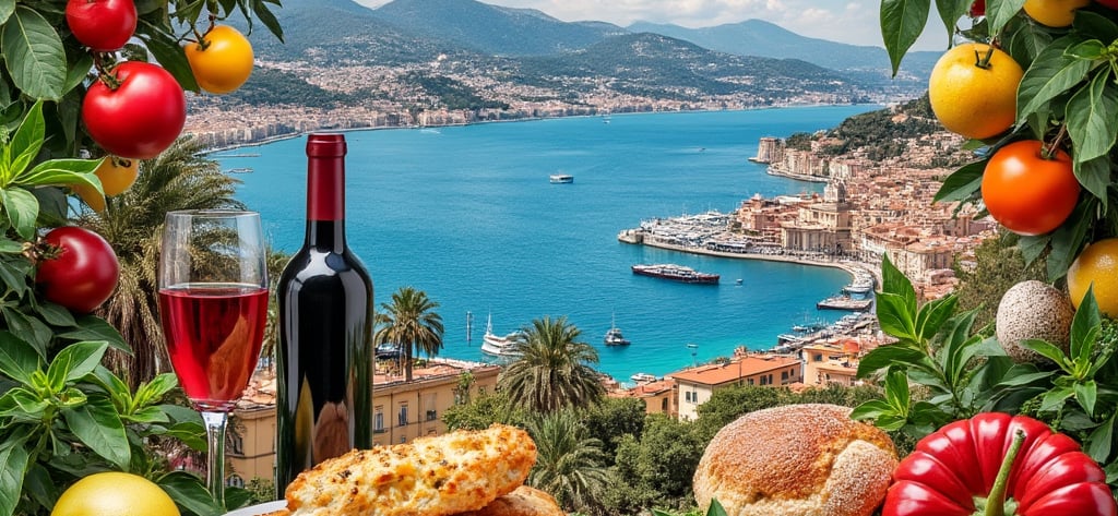 a plate of food and a bottle of wine in Nice