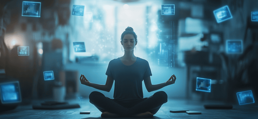 a woman sitting in a yoga pose with laptops and laptops