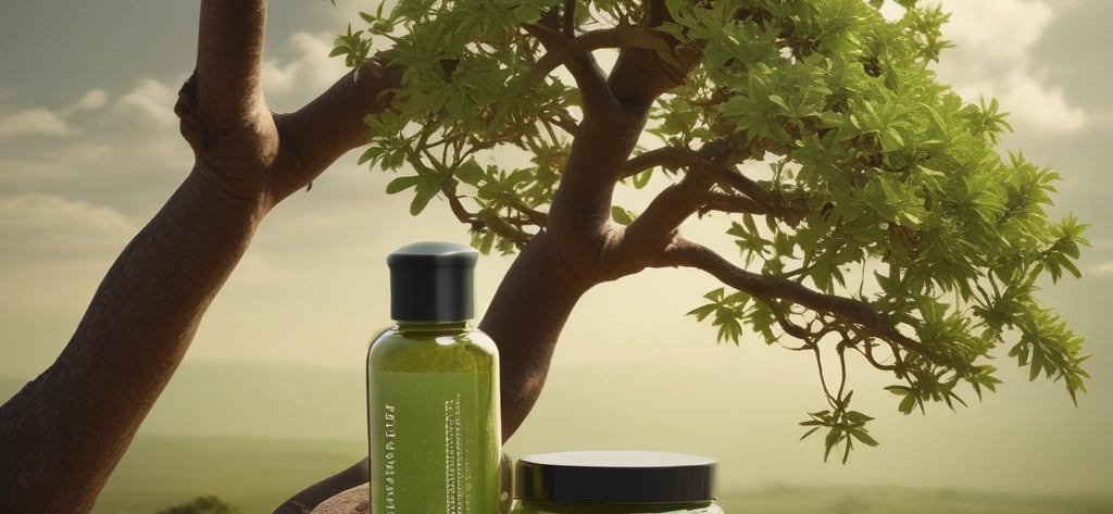 Two orange cosmetic products labeled 'Bioglow' are placed on a white, slightly wrinkled fabric with fresh green leaves and a white tulip resting beside them. The packaging is vibrant and stands out against the soft background.