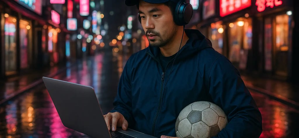 Sports enthusiast coaching a youth team while managing an online sports blog on a laptop