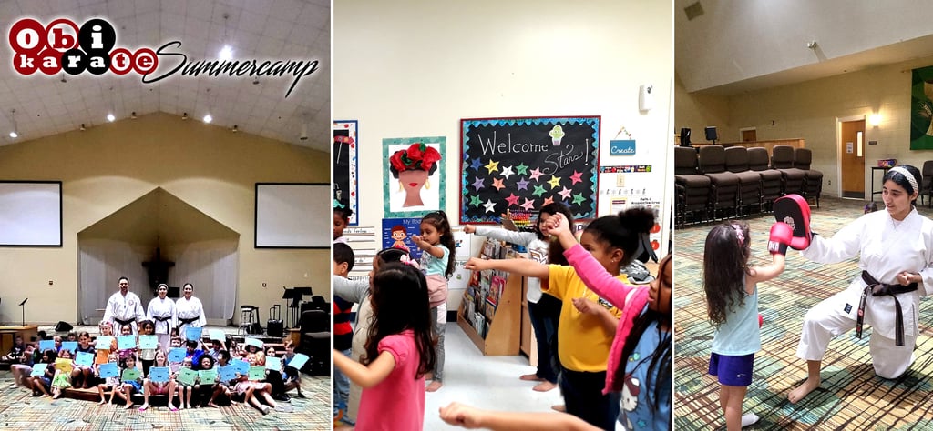 Children and adults training karate in disciplined martial arts environment OBISUMMER SUMMERCAMP