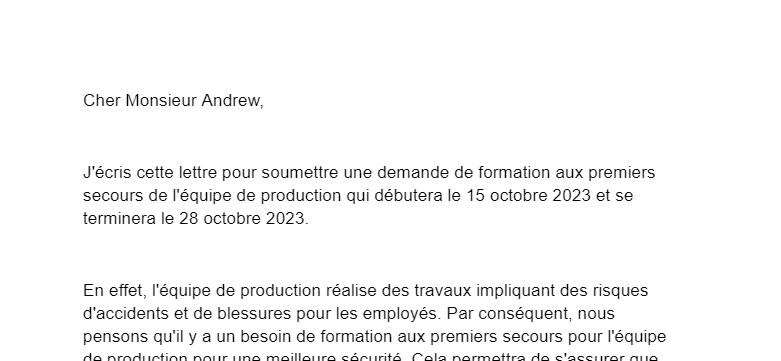 Lettre de demande de formation en secourisme