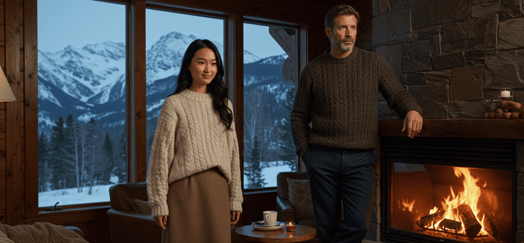 a man and woman standing in front of a fireplace