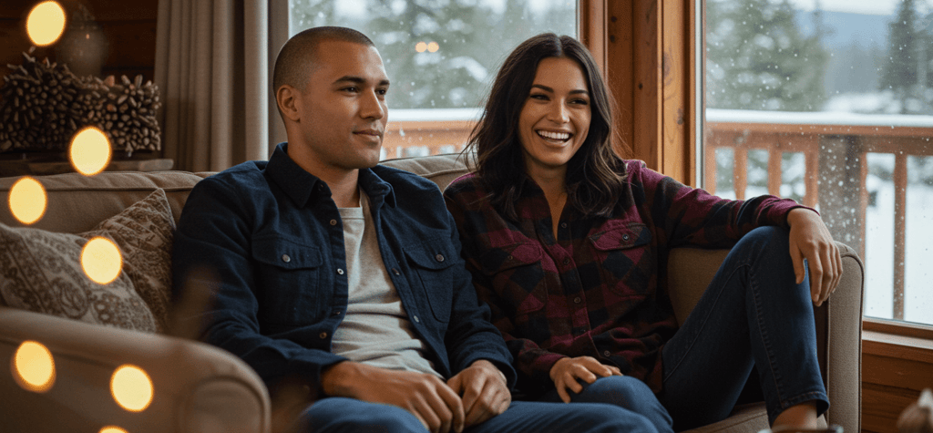a man and woman sitting on a couch wearing flannel