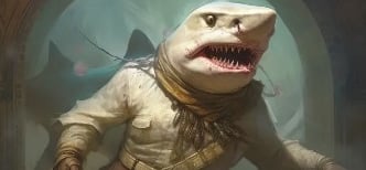 AI generated image of a shark dressed like Indian Jones while searching a ruin