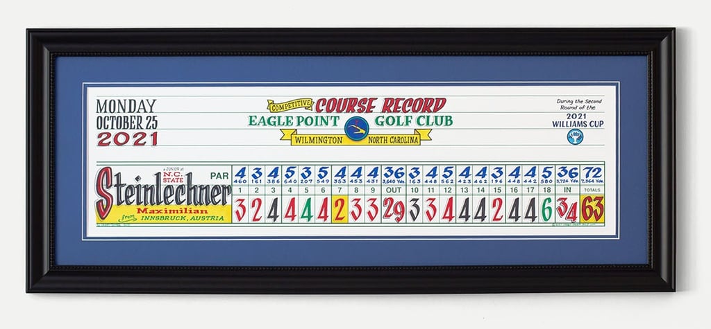 A framed piece of scorecard artwork for the course record at Eagle Point Golf Club.