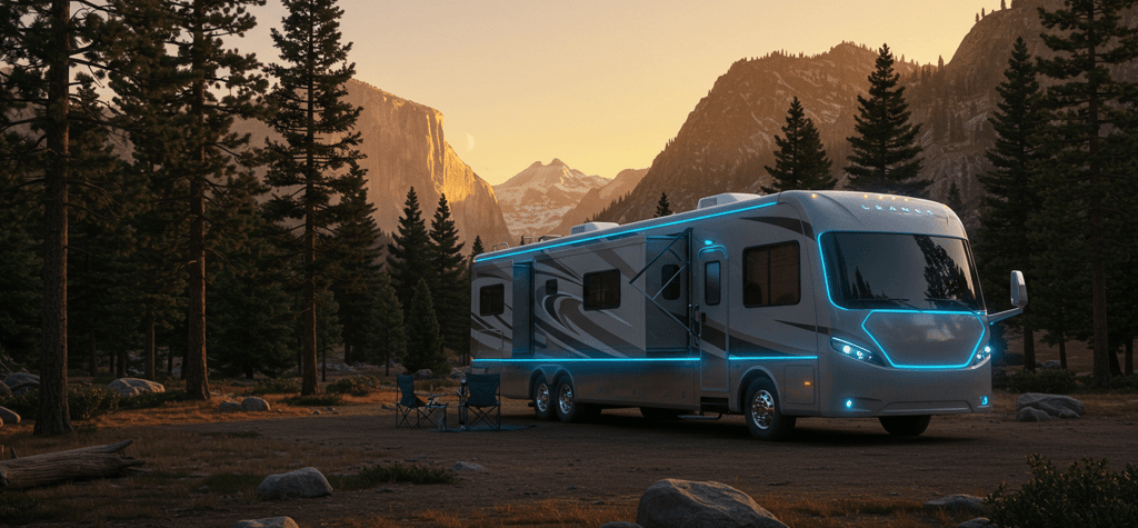 Futuristic RV with Essential RV Tech for 2025 featuring TPMS, surge protectors, GPS, and RV internet
