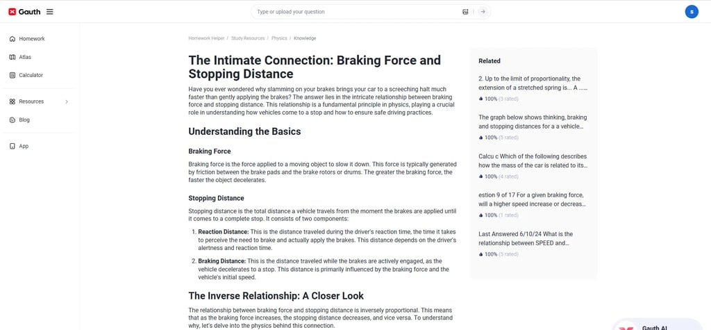 Gauth AI study resources interface showing physics knowledge article, braking force and stopping dis